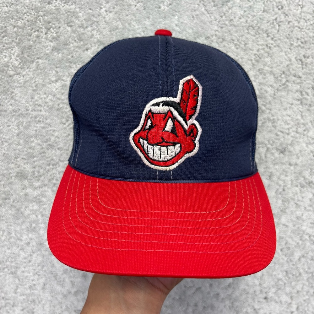 VINTAGE Cleveland Indians Chief Rope Hat Youngan Navy Red Snapback NEEDS STRAP